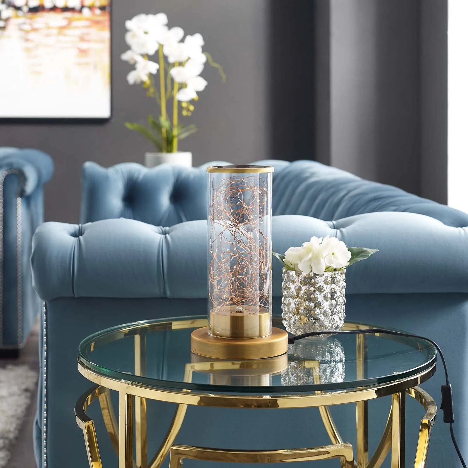 Adore Cylindrical-Shaped Clear Glass And Brass Table Lamp