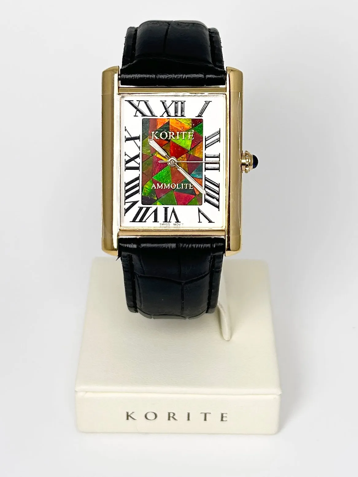 Ammolite Watch- Large-Roman Mosaic Rectangle Watch-Black Leather Strap (Korite)