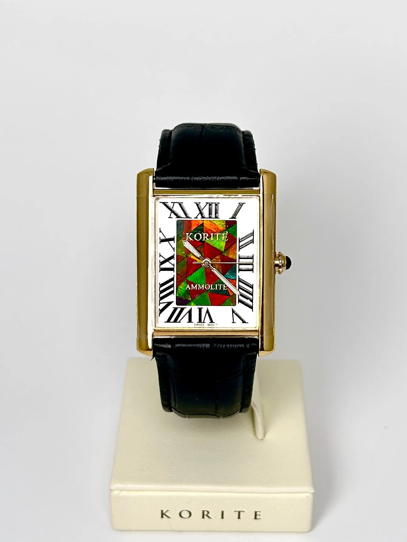 Ammolite Watch- Large-Roman Mosaic Rectangle Watch-Black Leather Strap (Korite)