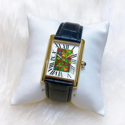 Ammolite Watch- Large-Roman Mosaic Rectangle Watch-Black Leather Strap (Korite)