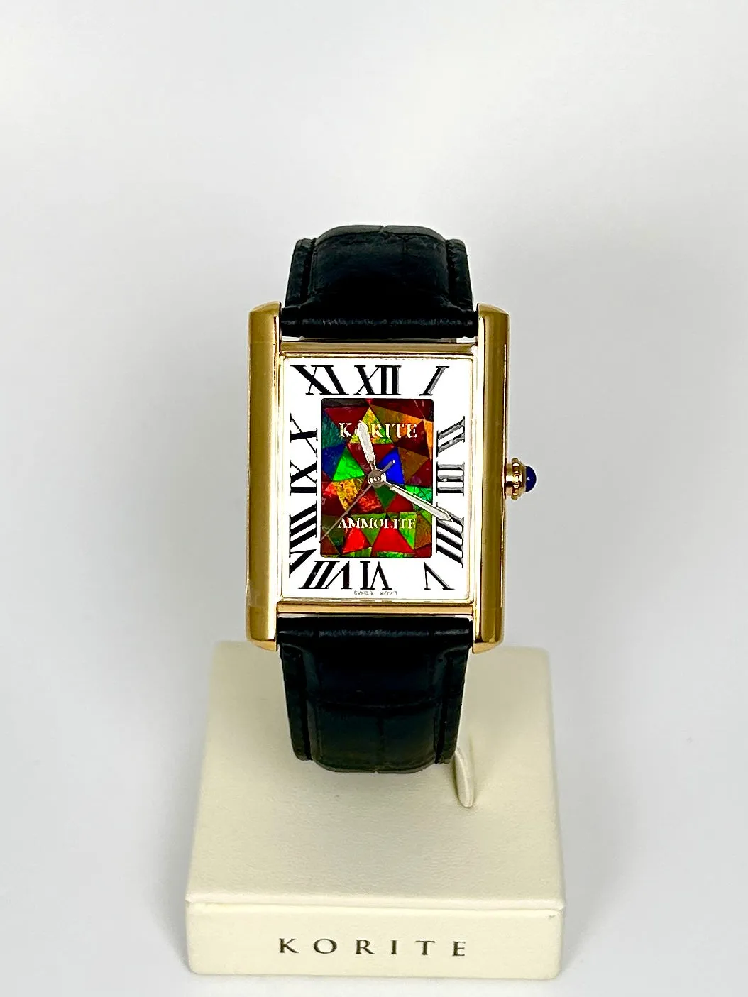 Ammolite Watch- Large-Roman Mosaic Rectangle Watch-Black Leather Strap (Korite)