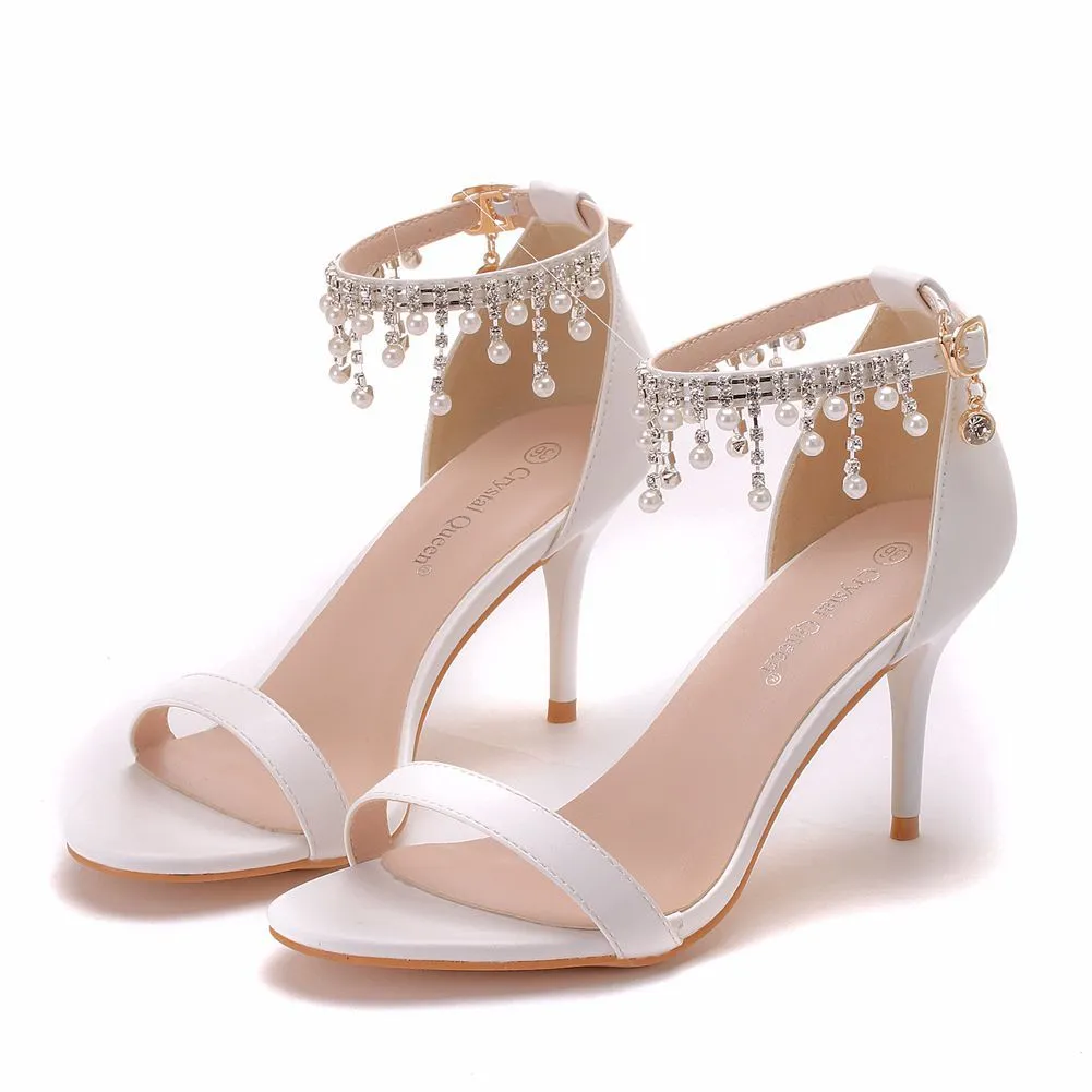 Amozae-  Women Elegant Party Sandals Ankle Strap Beading Open Toe Thin High Heels For Wedding Graduation Shoes Summer Sweet Girl H0003