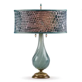 Angela Table Lamp 168Aj144 with Gray Green Colored Blown Glass and Kevin O'Brien Snake Skin Silk Oval Shade by Kinzig Design