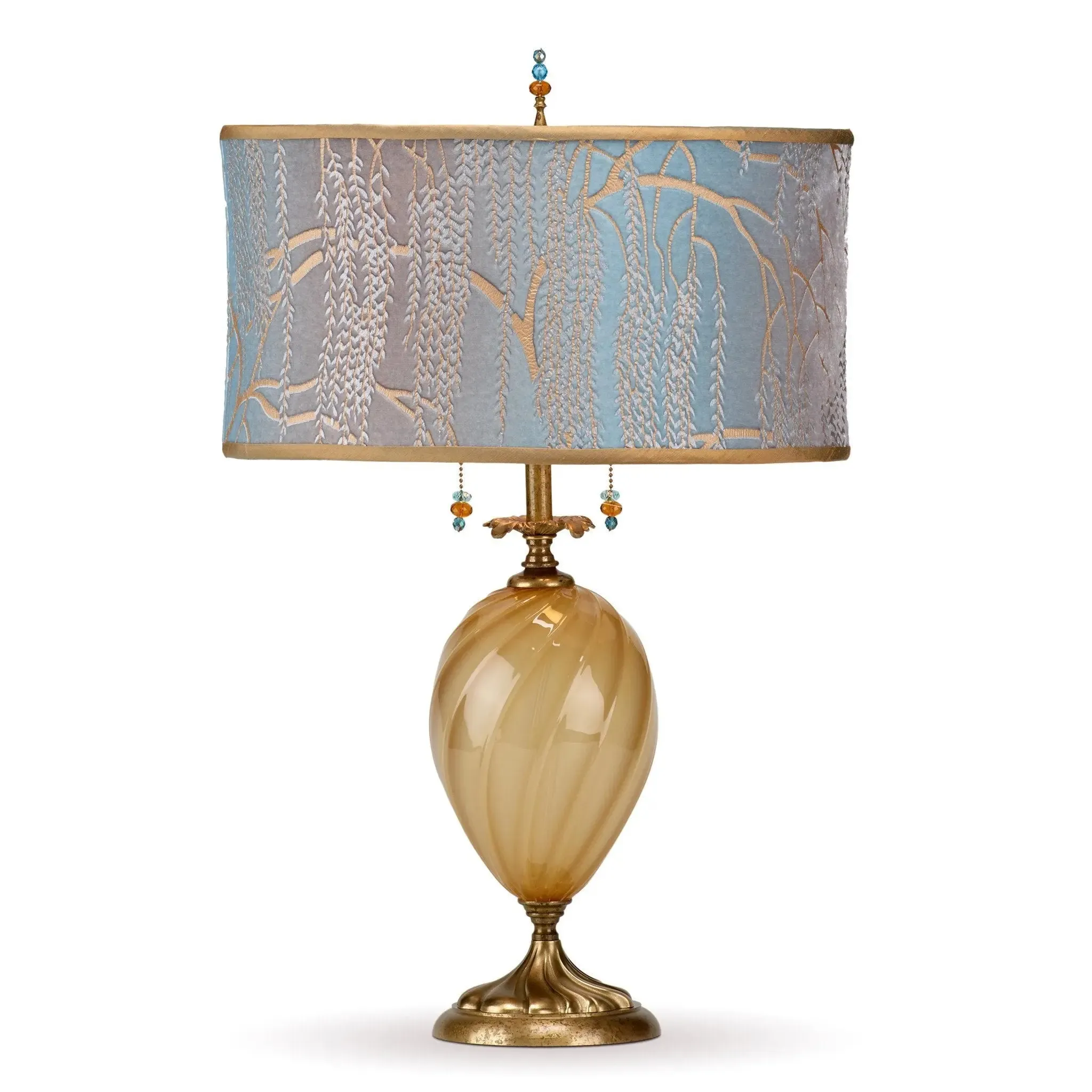 Ashton Table Lamp 155AF130 by Kinzig Design, Gold Opaue Blown Glass, Robins Egg Blue And Taupe Silk Shade