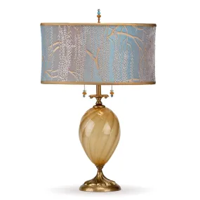 Ashton Table Lamp 155AF130 by Kinzig Design, Gold Opaue Blown Glass, Robins Egg Blue And Taupe Silk Shade