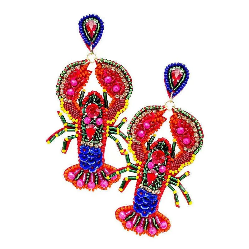 Beaded Earrings, Bright Lobsters