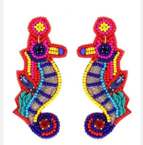 Beaded Earrings, Bright Seahorses