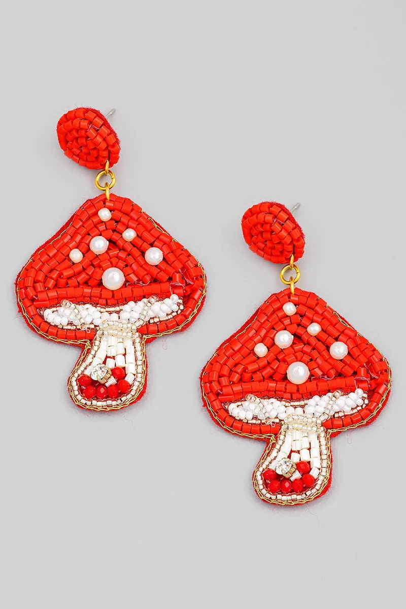 Beaded Earrings, Red Mushroom