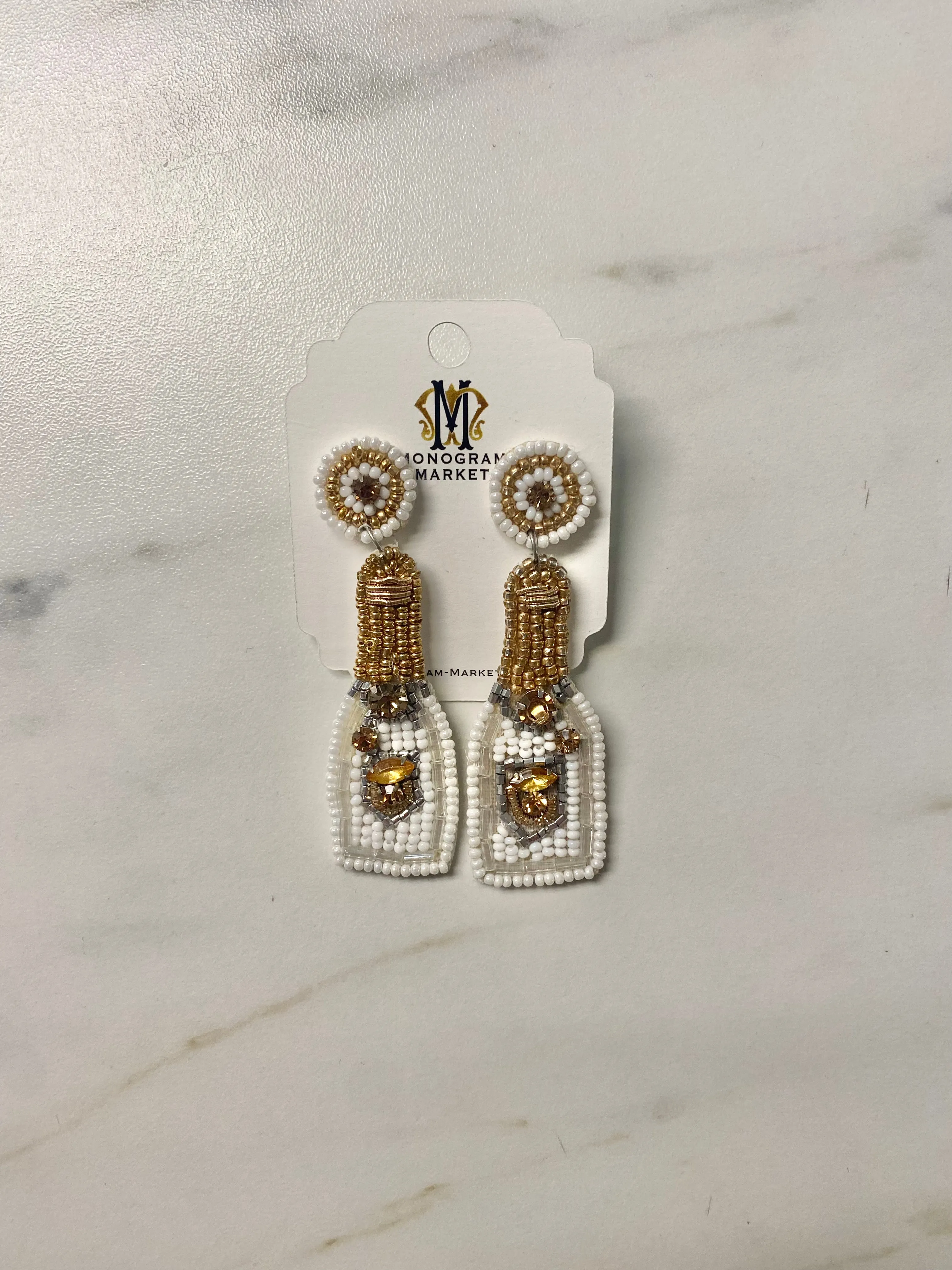 Beaded Earrings, White Champagne Bottles