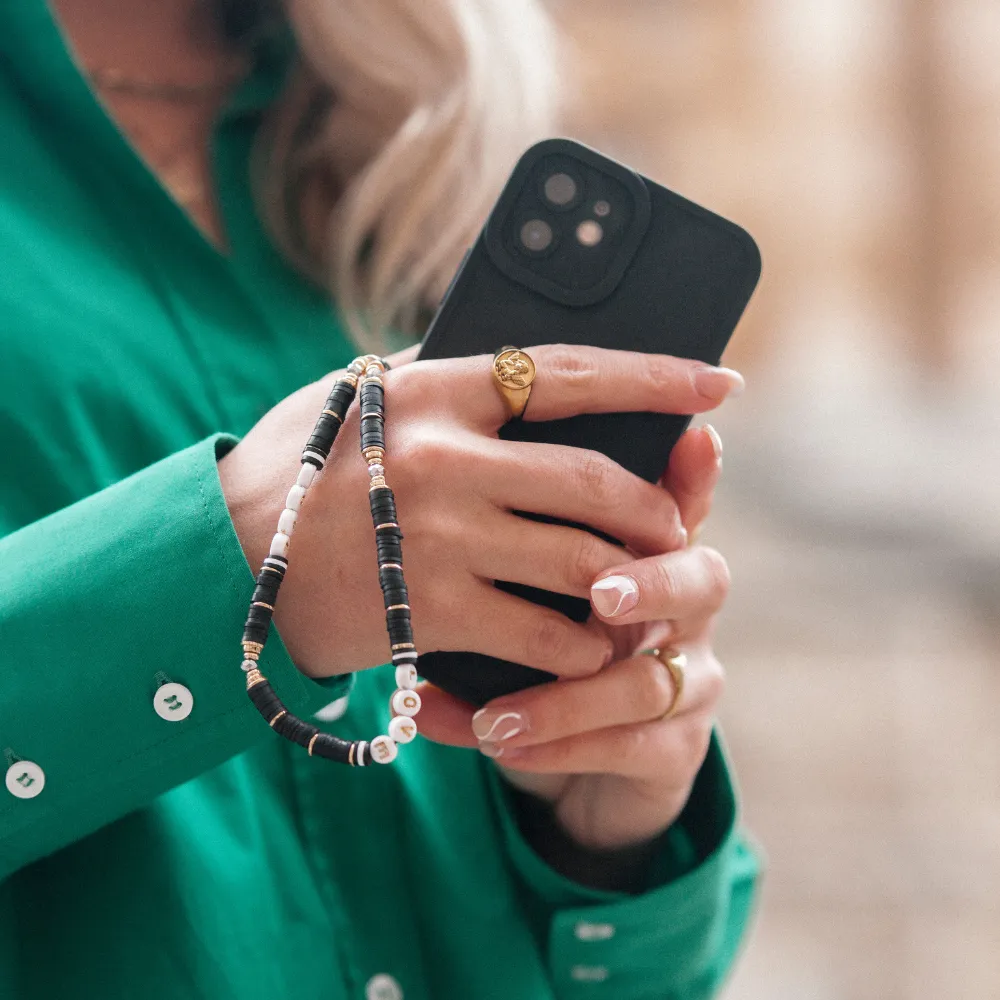 Beaded Phone Strap - Black & Gold Love