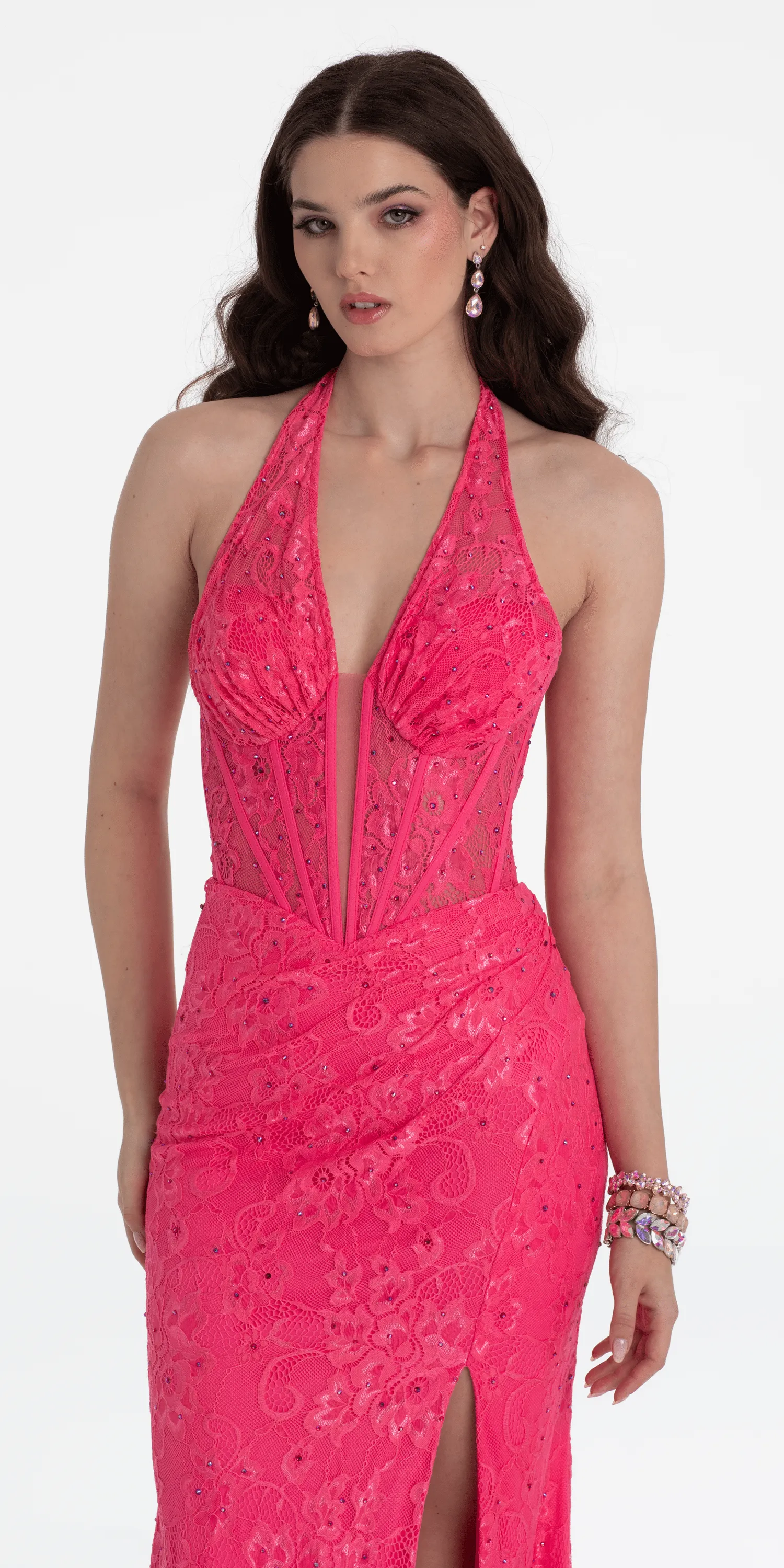 Beaded Stretch Lace Halter Corset Column Dress