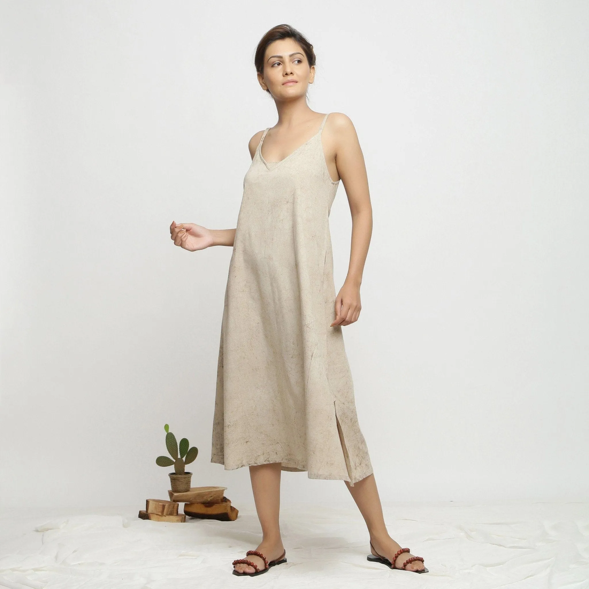 Beige Dabu Hand-Lep Cotton A-Line Midi Dress