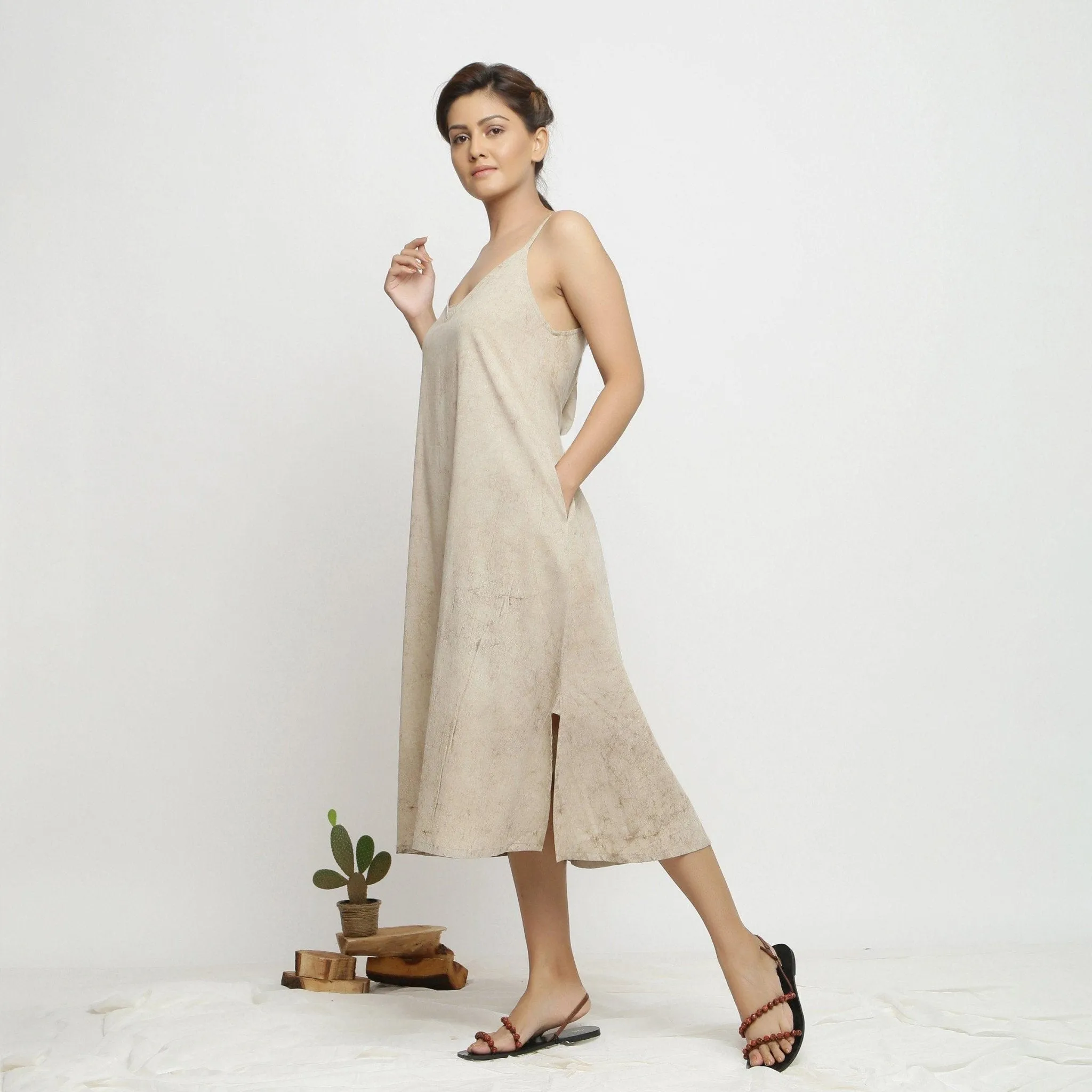 Beige Dabu Hand-Lep Cotton A-Line Midi Dress