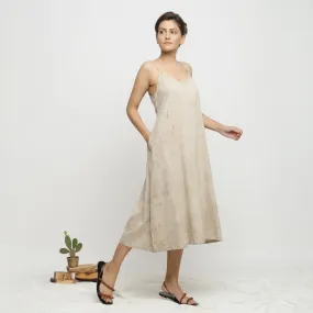 Beige Dabu Hand-Lep Cotton A-Line Midi Dress