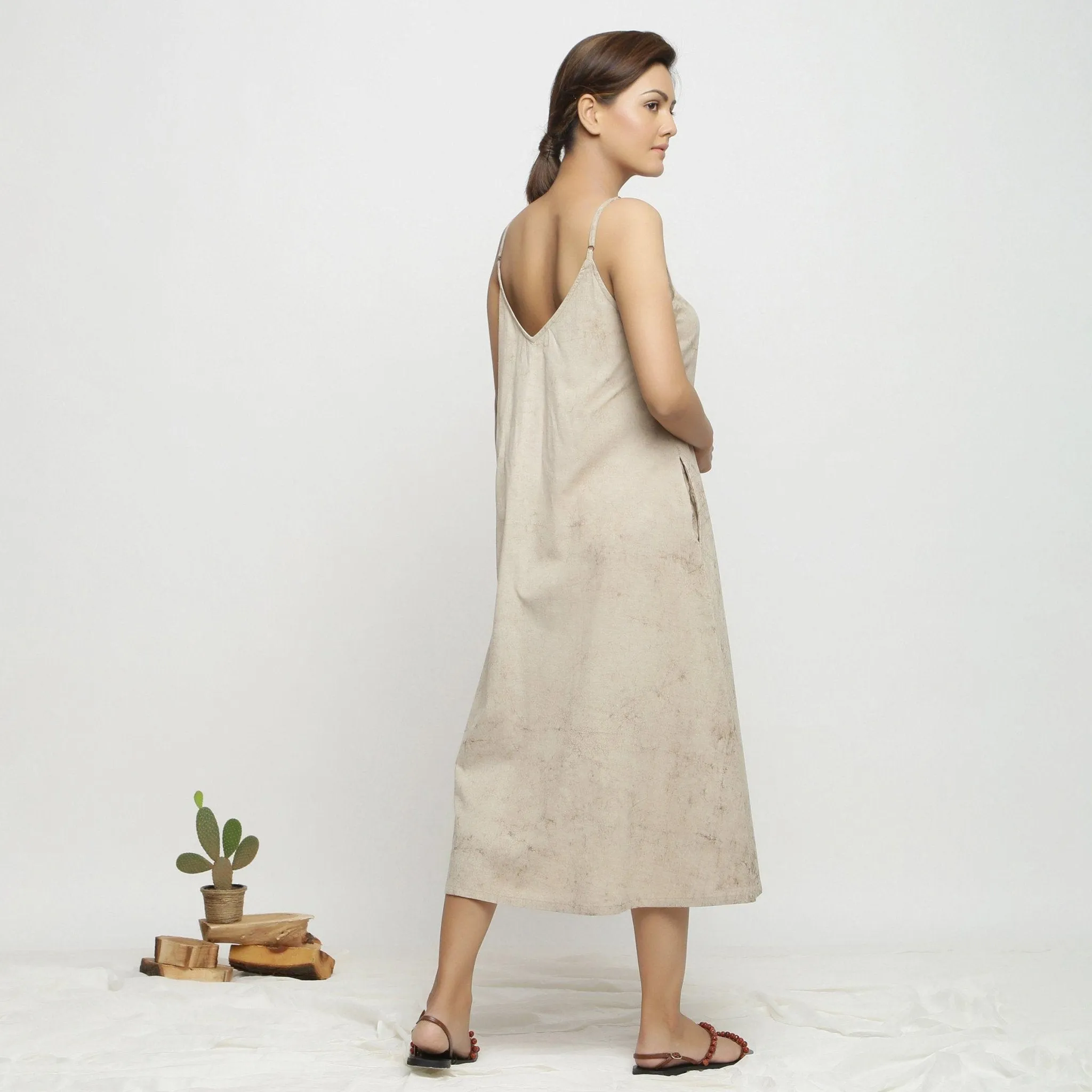 Beige Dabu Hand-Lep Cotton A-Line Midi Dress