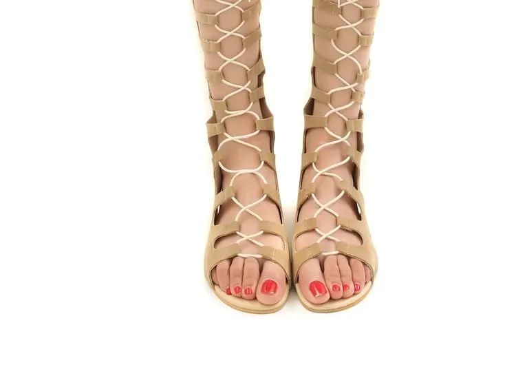 Beige Suede High Lace Up Gladiator Sandals