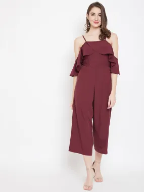 Berrylush Women Solid Maroon Square Neck Ruffled Culotte Jumpsuit