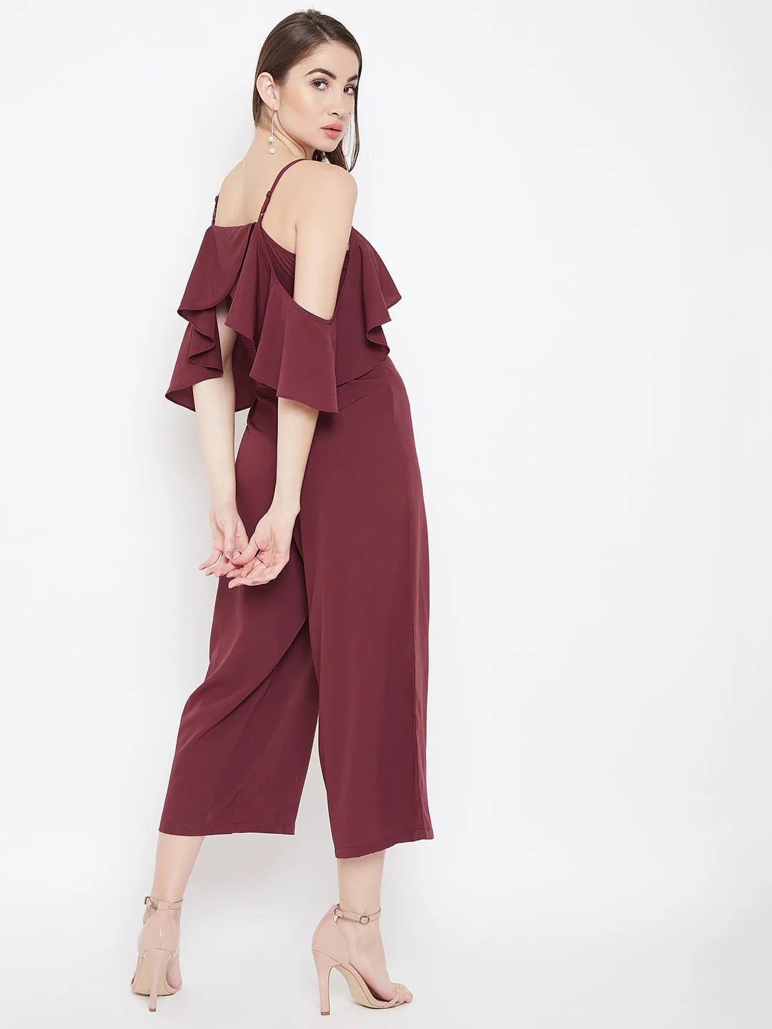 Berrylush Women Solid Maroon Square Neck Ruffled Culotte Jumpsuit