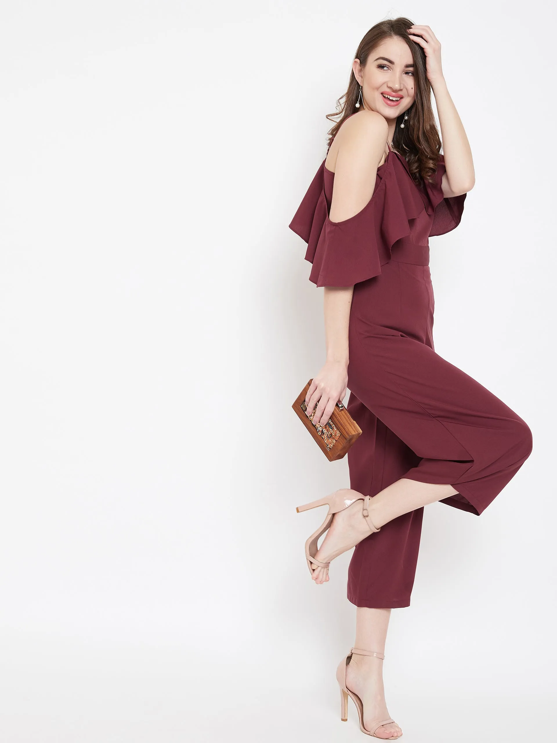 Berrylush Women Solid Maroon Square Neck Ruffled Culotte Jumpsuit