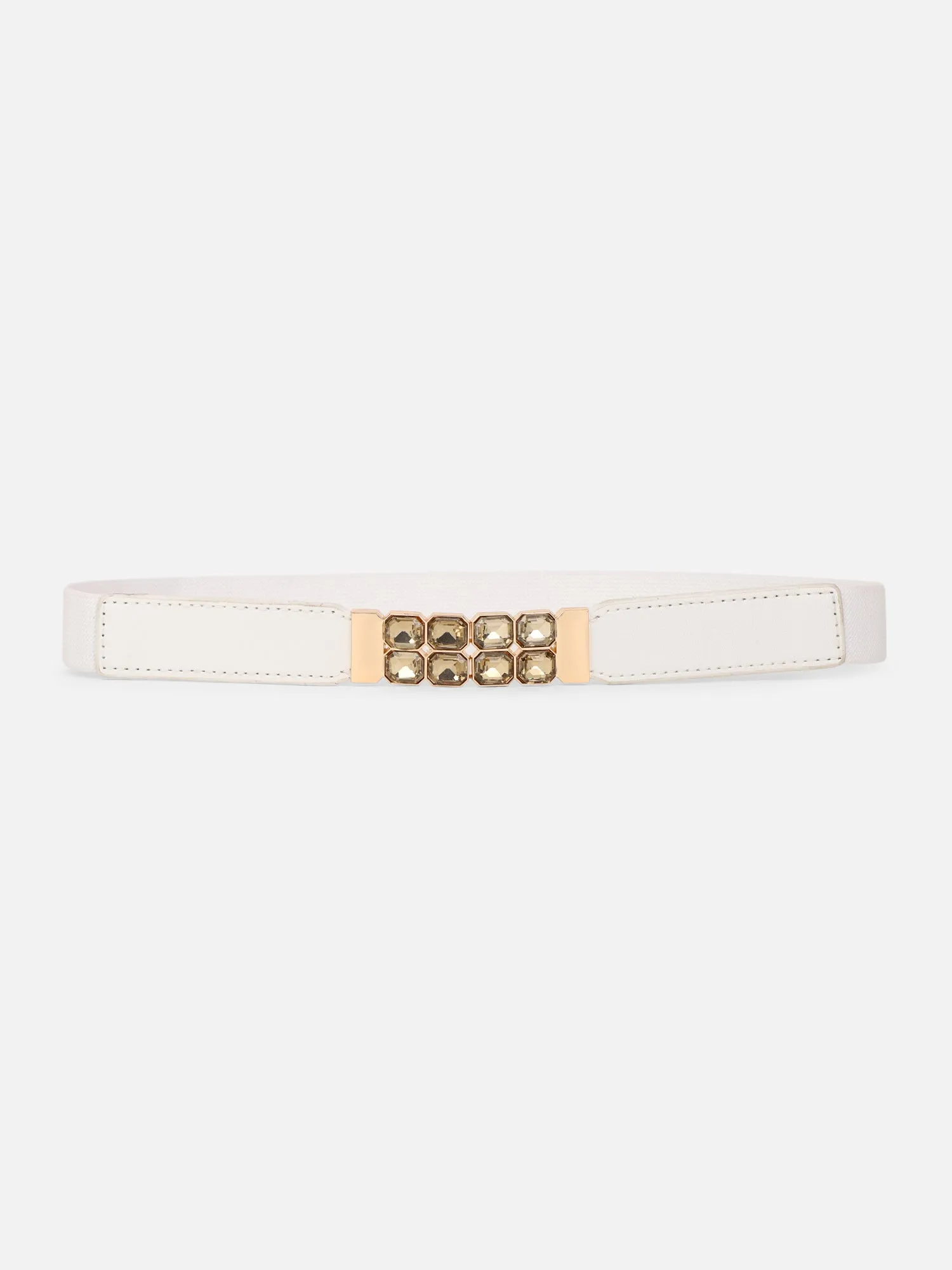 Berrylush Women Solid White Diamond Embellished PU Nylon Interlock Regular Belt