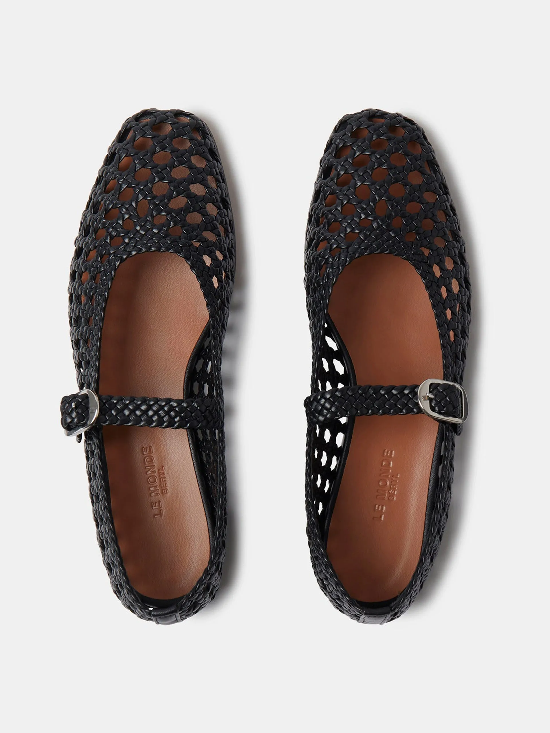 Black leather woven Mary Jane flats