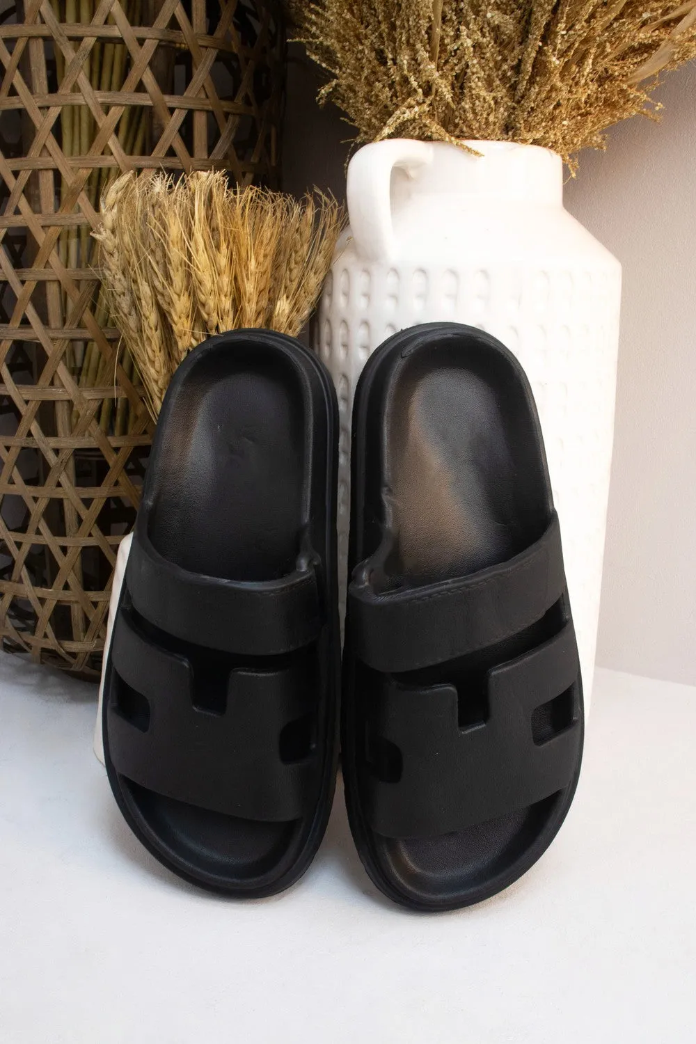 Black Platform Gladiator Open Toe EVA Pool Slider Sandals