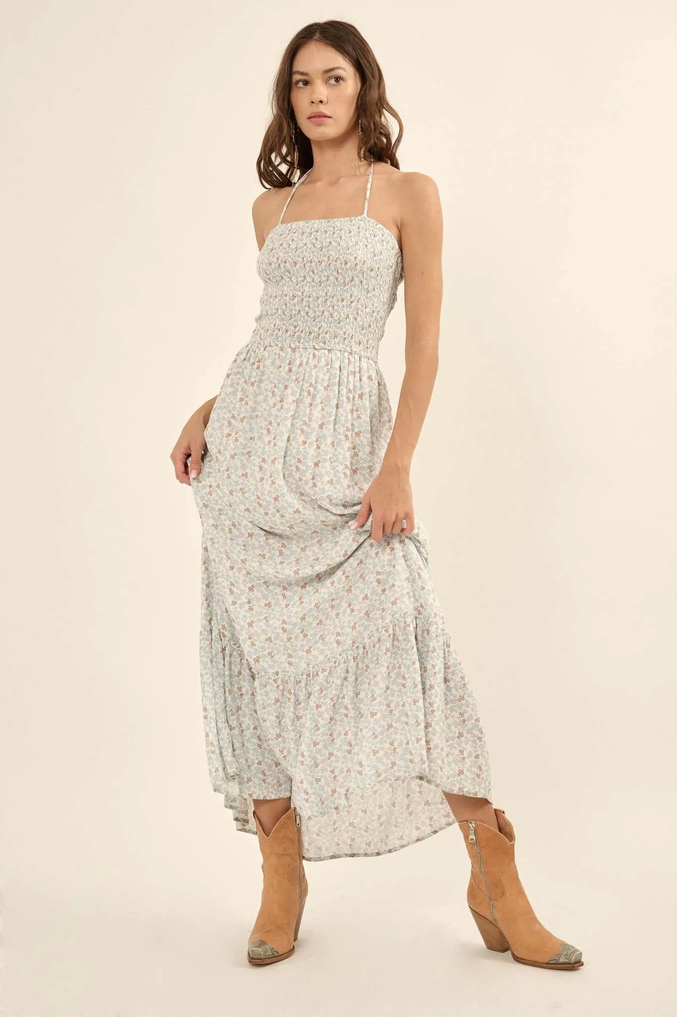 Blooming Fields Floral Open-Back Halter Maxi Dress