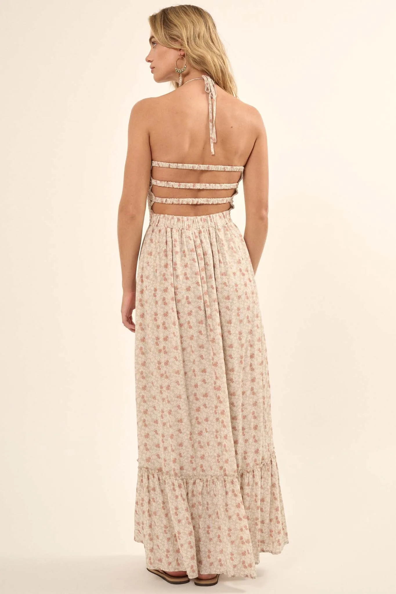 Blooming Fields Floral Open-Back Halter Maxi Dress