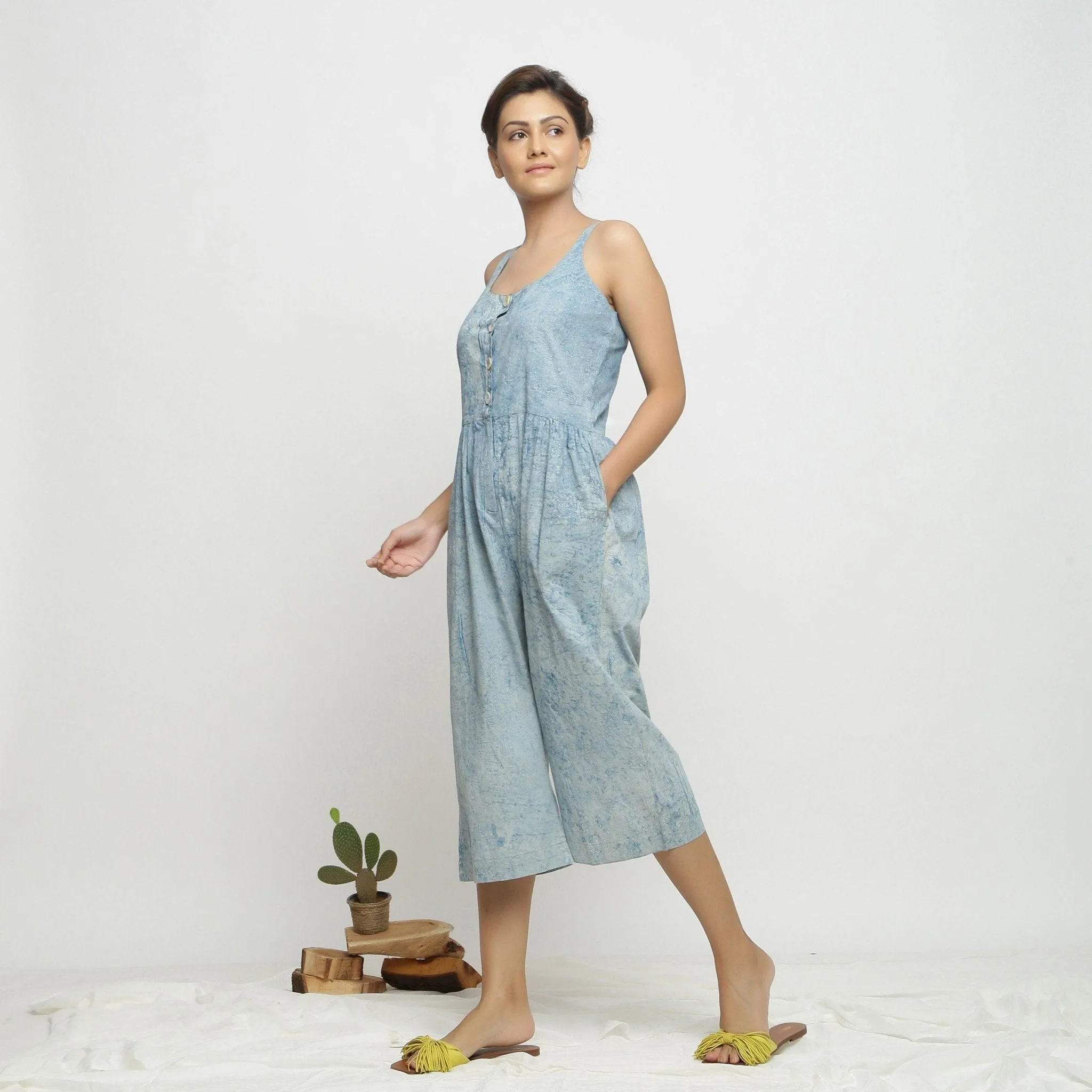 Blue Dabu Print Natural Dyed Cotton Midi Jumpsuit