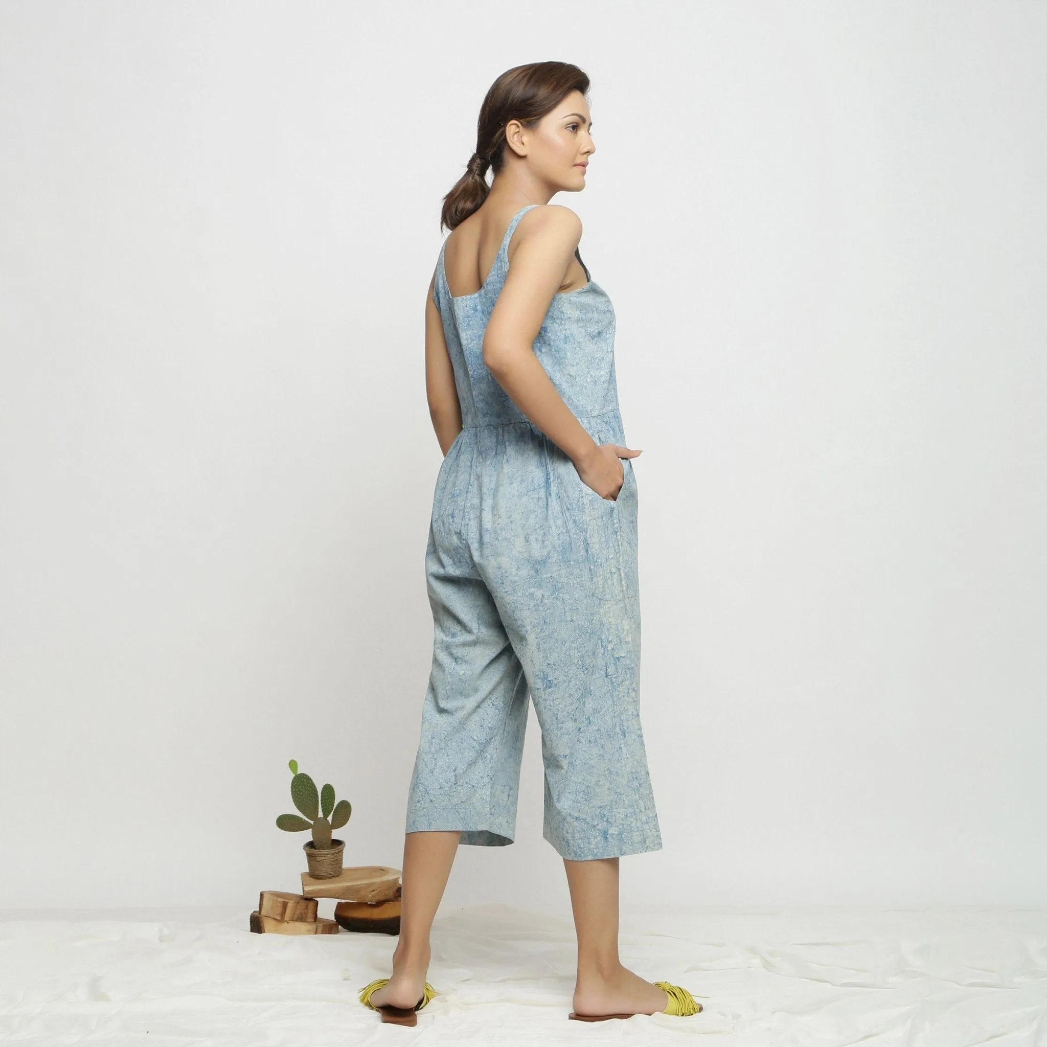 Blue Dabu Print Natural Dyed Cotton Midi Jumpsuit