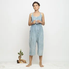 Blue Dabu Print Natural Dyed Cotton Midi Jumpsuit