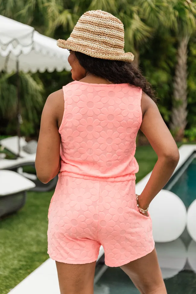 Easy To Me Neon Coral Terrycloth Floral Romper