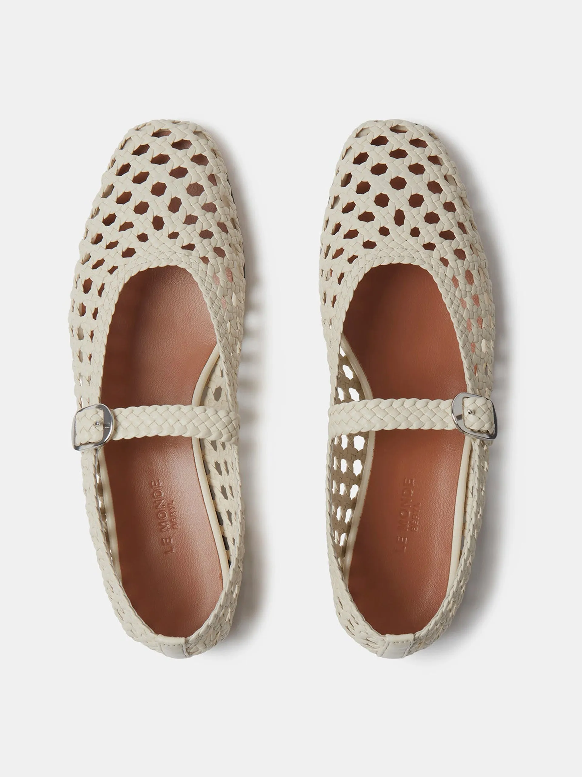 Ecru leather woven Mary Jane flats