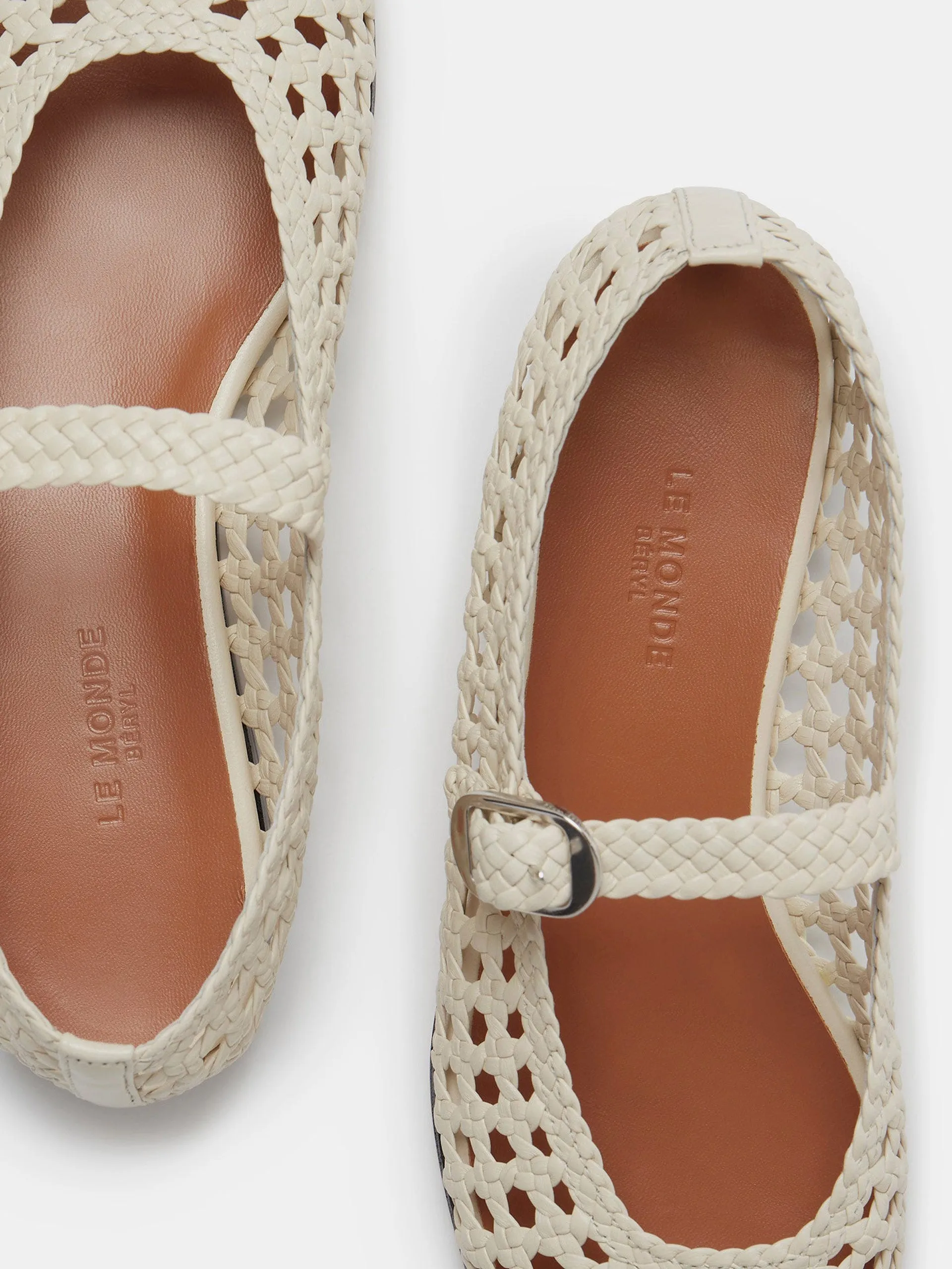 Ecru leather woven Mary Jane flats