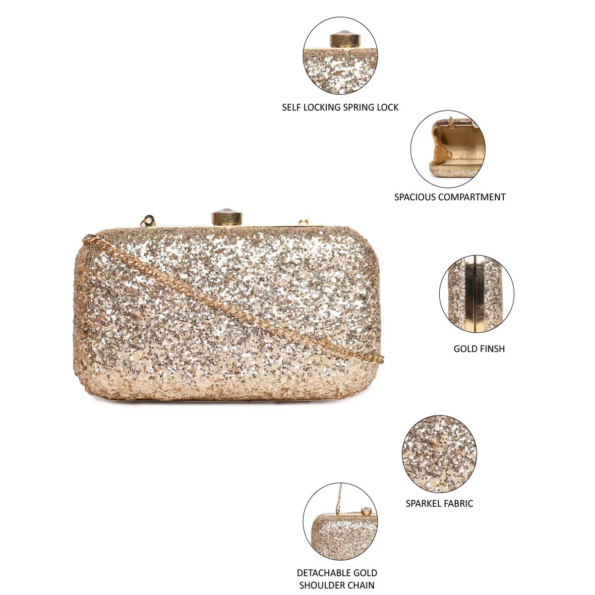 Embllished Golden Jewel Box Clutch With Sling Strap