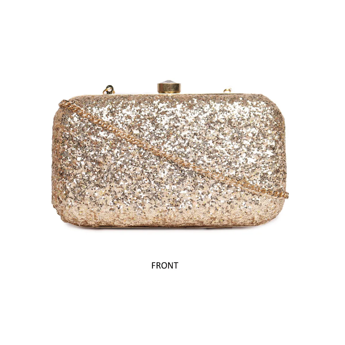 Embllished Golden Jewel Box Clutch With Sling Strap