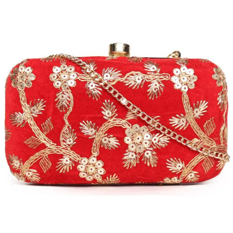 Embllished Red Velvet Jewel Box Clutch With Sling Strap