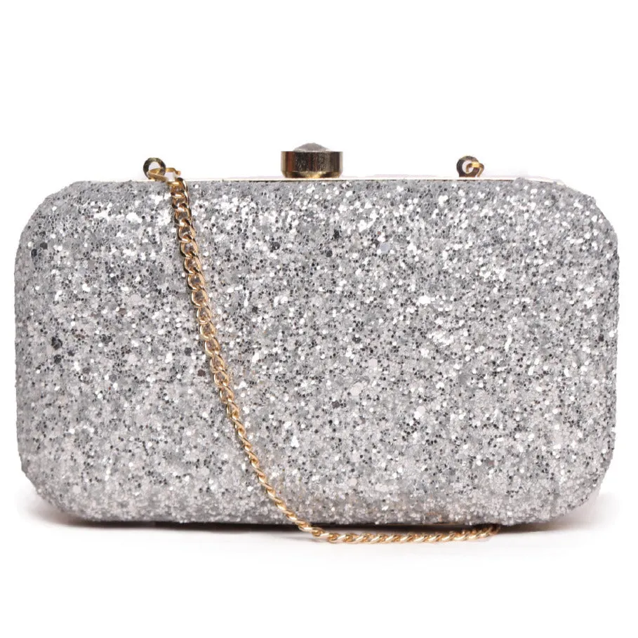 Embllished Silver Jewel Box Clutch With Sling Strap