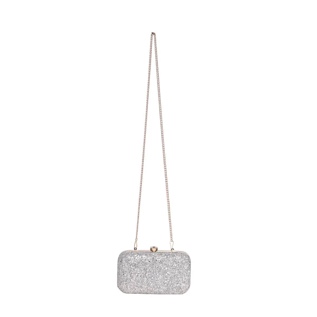 Embllished Silver Jewel Box Clutch With Sling Strap