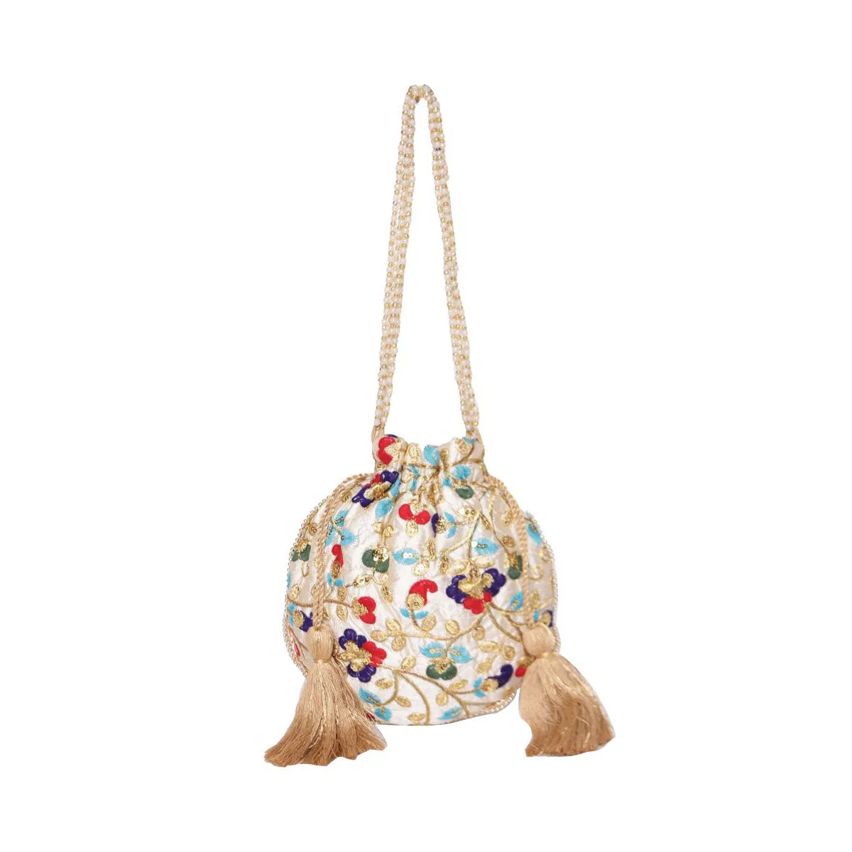 Embroidered Beige Color Potli Bag With Beads Layered Handle