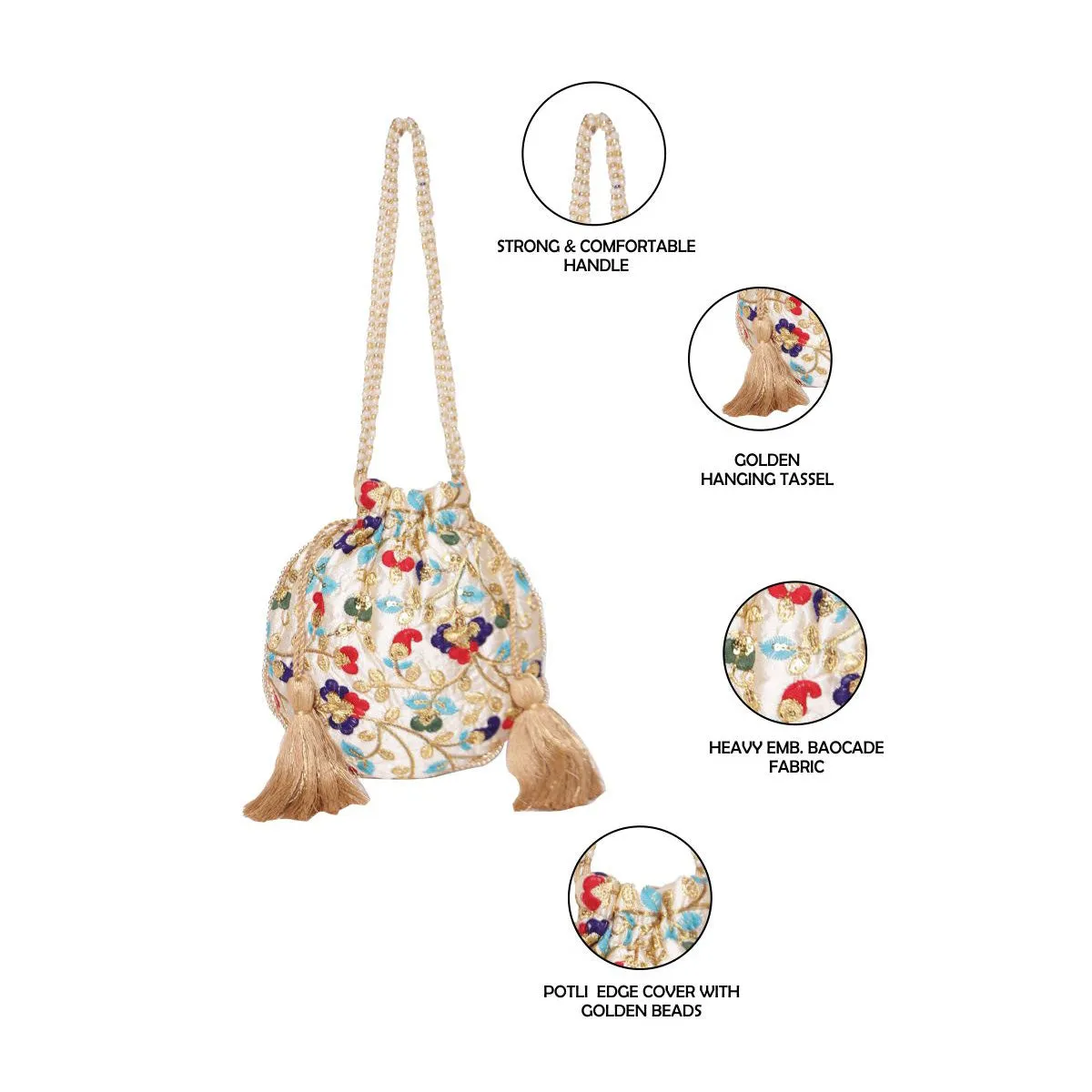 Embroidered Beige Color Potli Bag With Beads Layered Handle