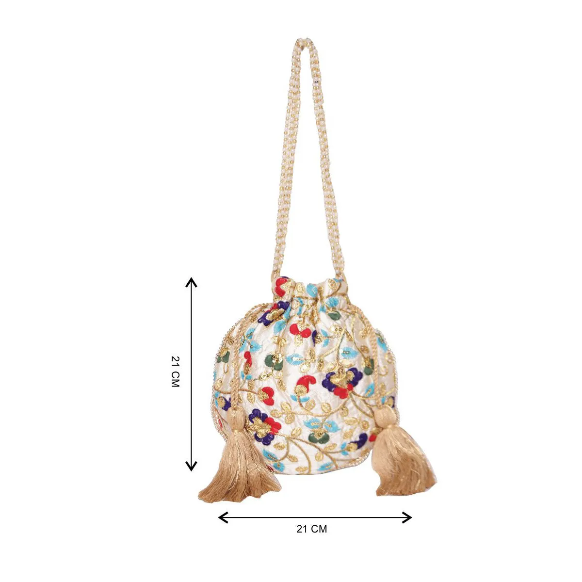 Embroidered Beige Color Potli Bag With Beads Layered Handle