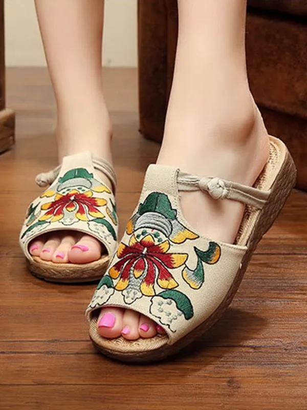 Ethnic Style Wedge with Non-slip Fish Mouth Type Embroidered Sandals and Slippers