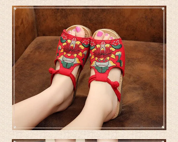 Ethnic Style Wedge with Non-slip Fish Mouth Type Embroidered Sandals and Slippers