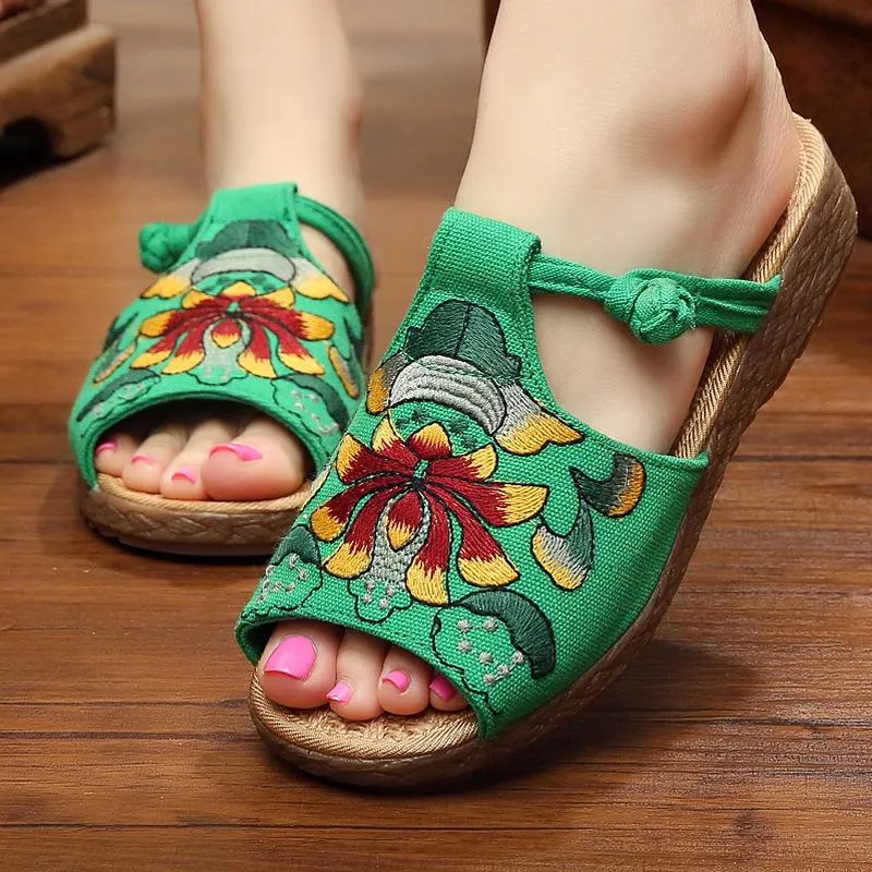 Ethnic Style Wedge with Non-slip Fish Mouth Type Embroidered Sandals and Slippers