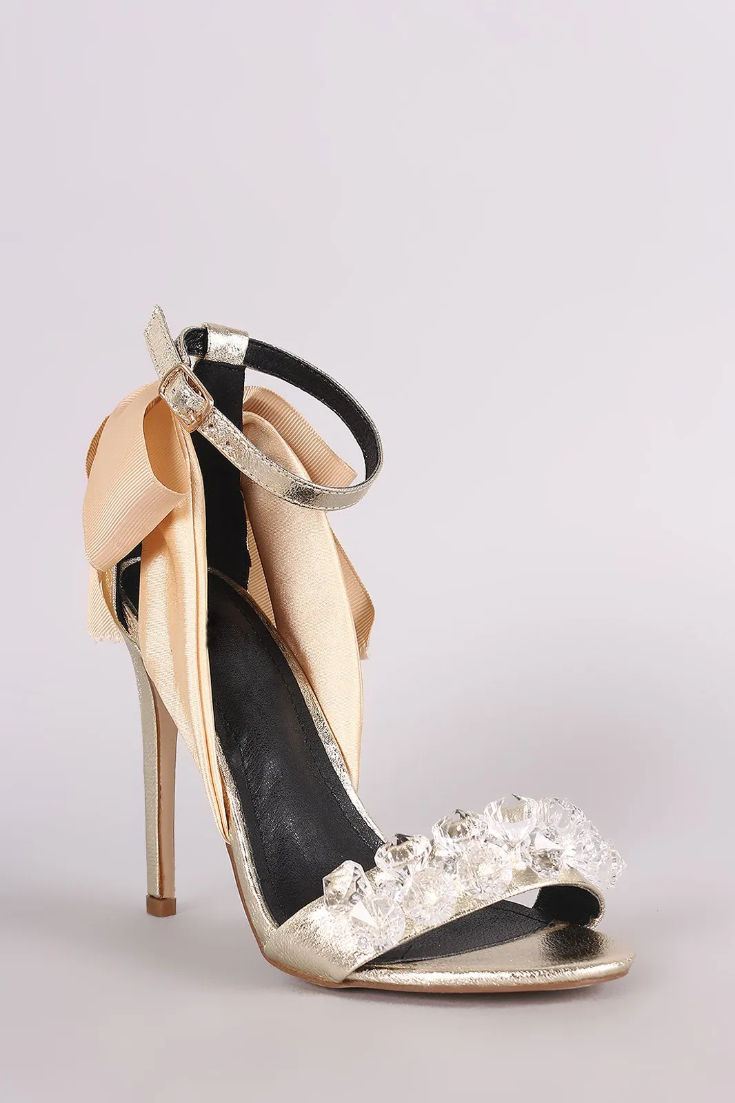 Faux Gemstone And Bow Accent Ankle Strap Stiletto Heel