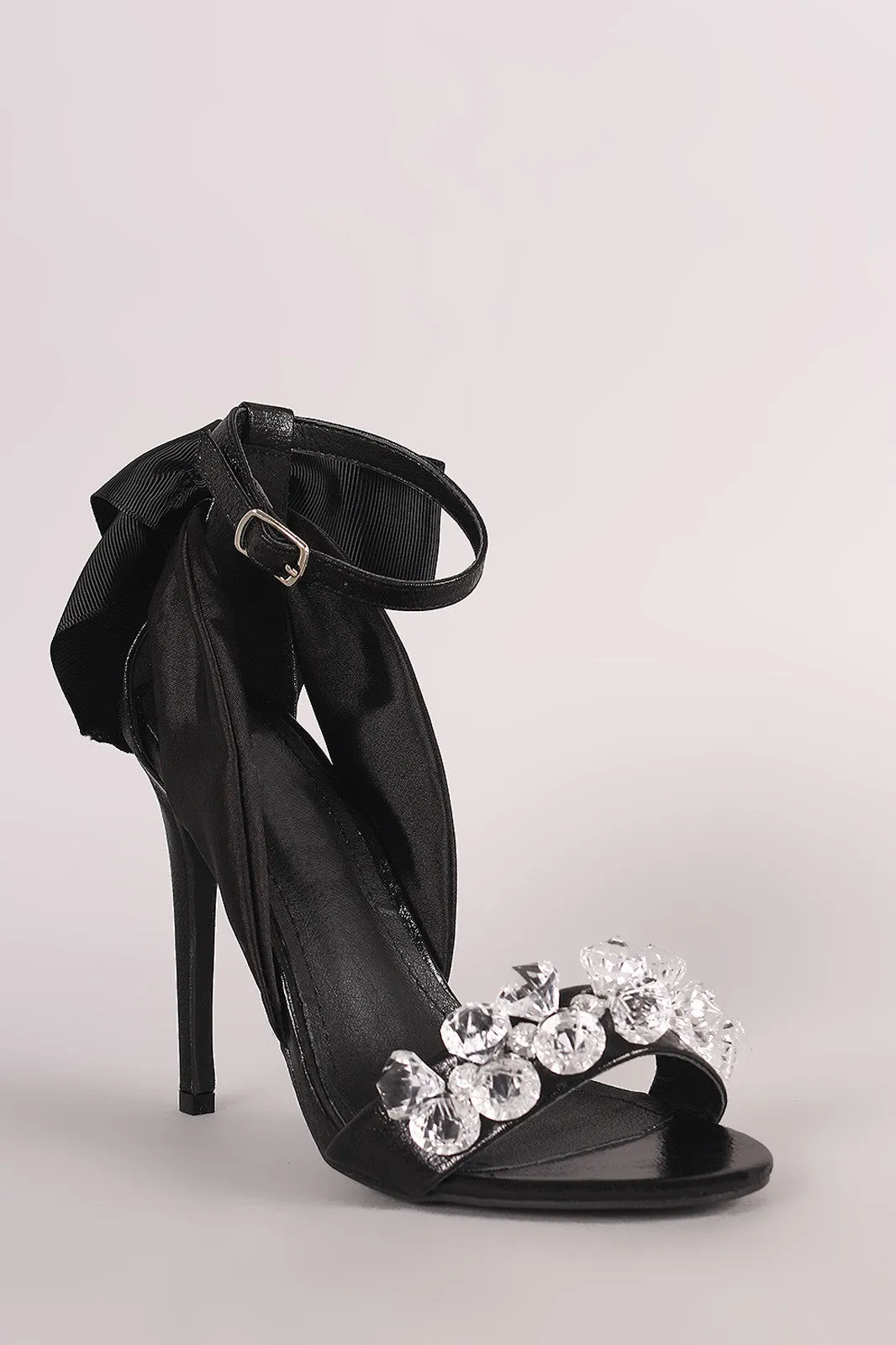 Faux Gemstone And Bow Accent Ankle Strap Stiletto Heel