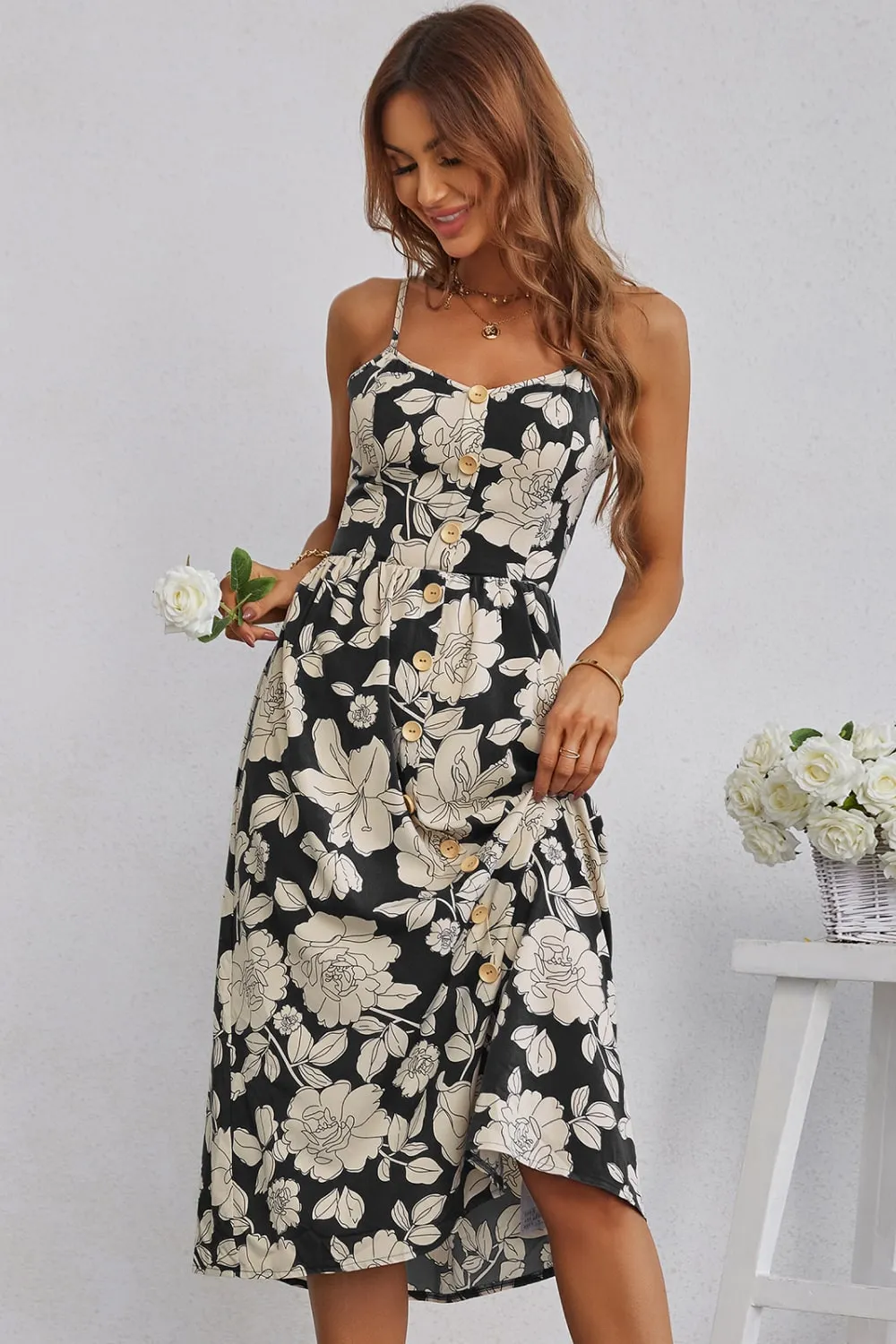 Floral Cutout Bow Detail V-Neck Dress