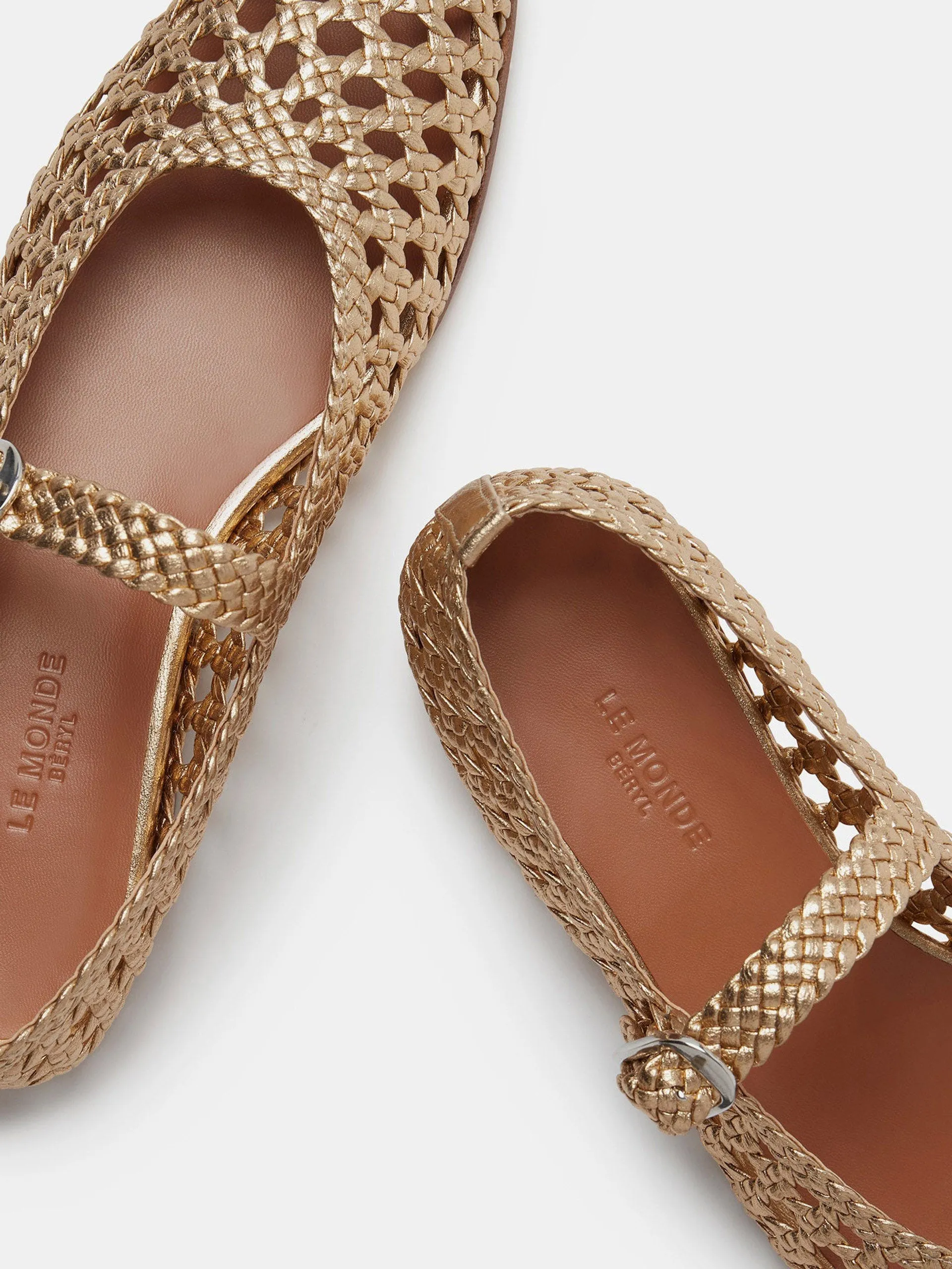 Gold leather woven Mary Jane flats