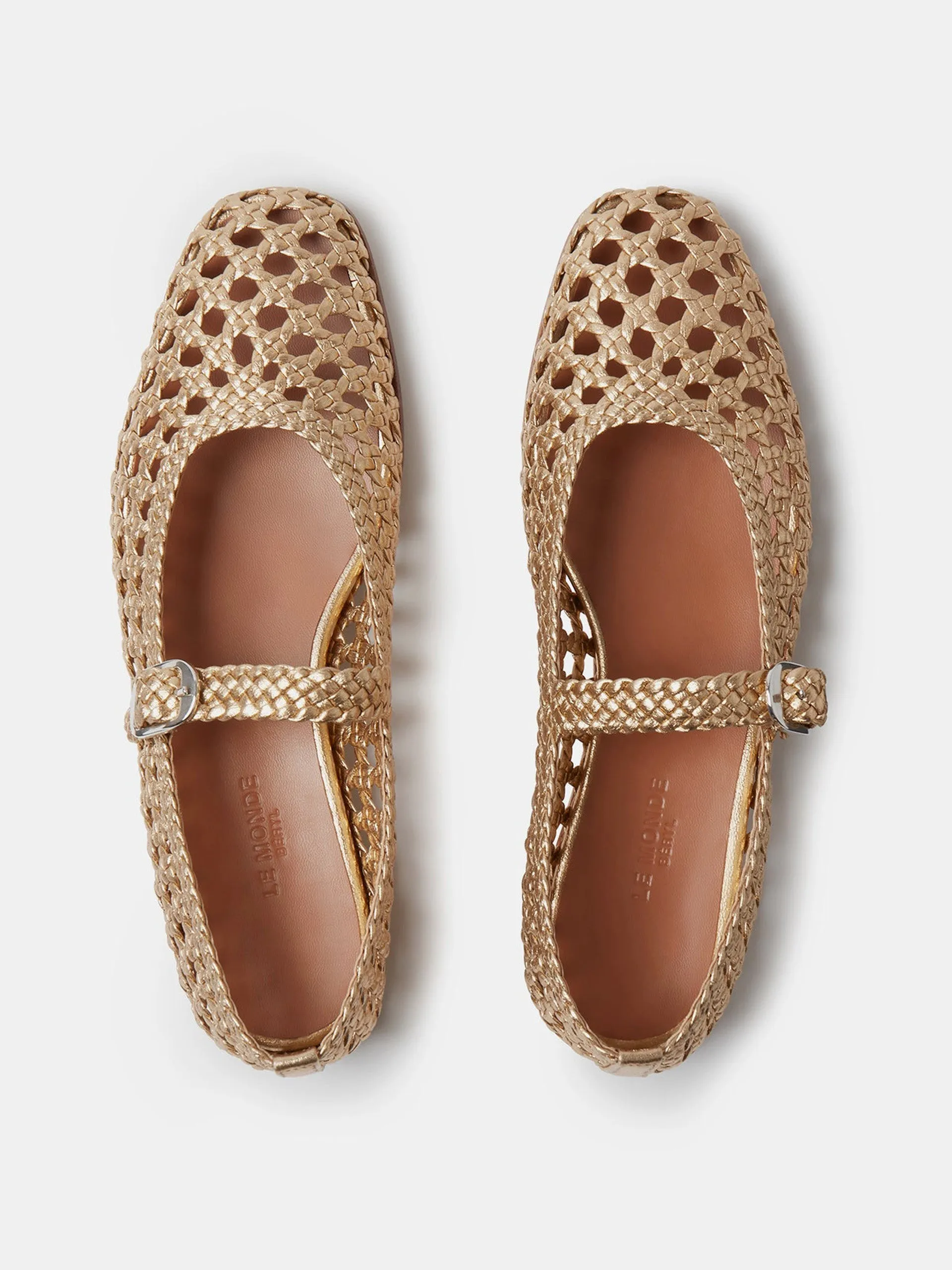 Gold leather woven Mary Jane flats